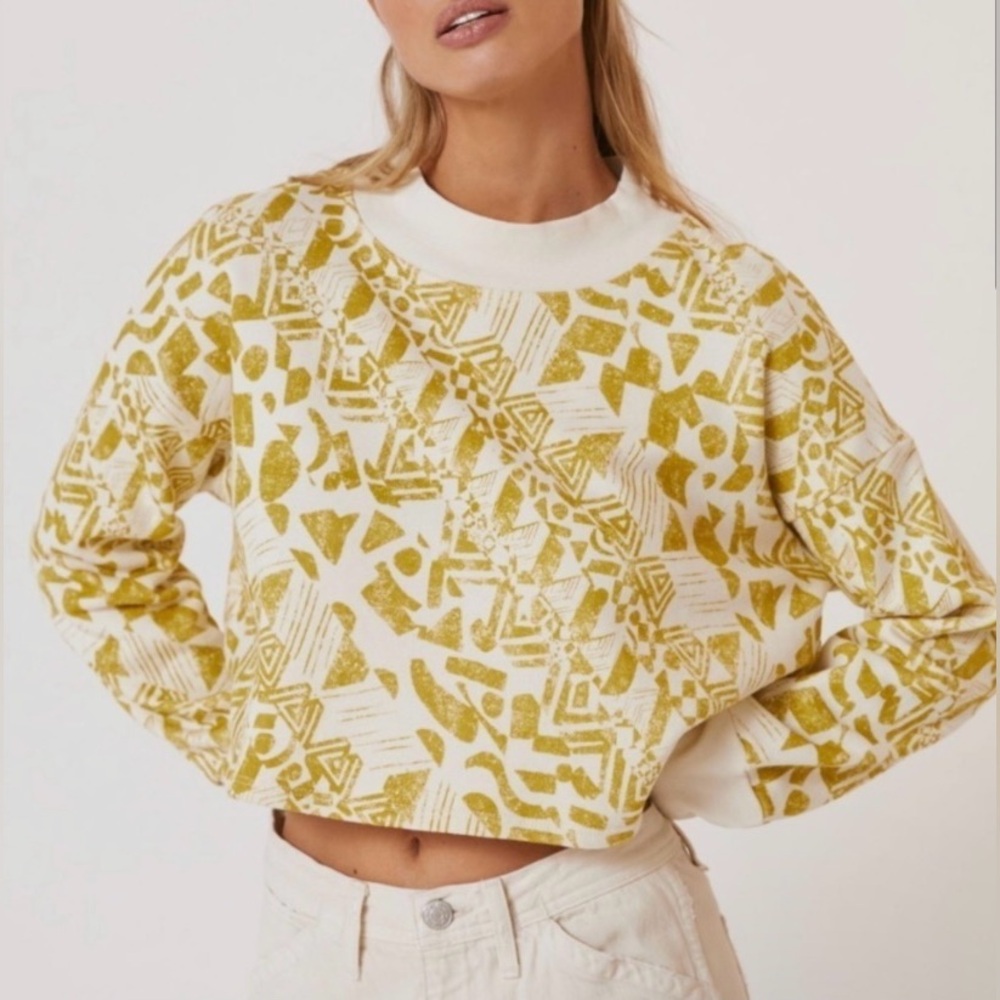 Anthropologie Amadi Printed Cropped Sweatshirt in Chartreuse